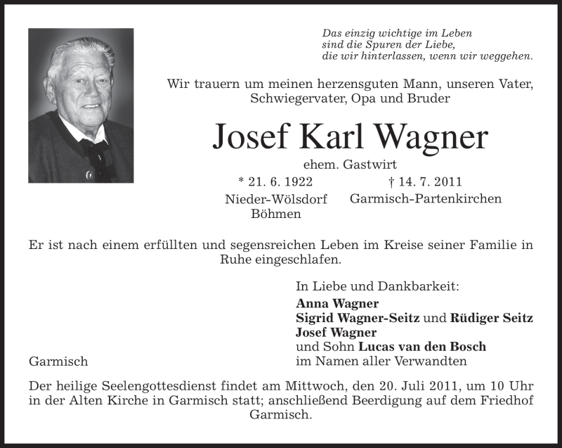  Traueranzeige für Josef Karl Wagner vom 16.07.2011 aus MERKUR & TZ