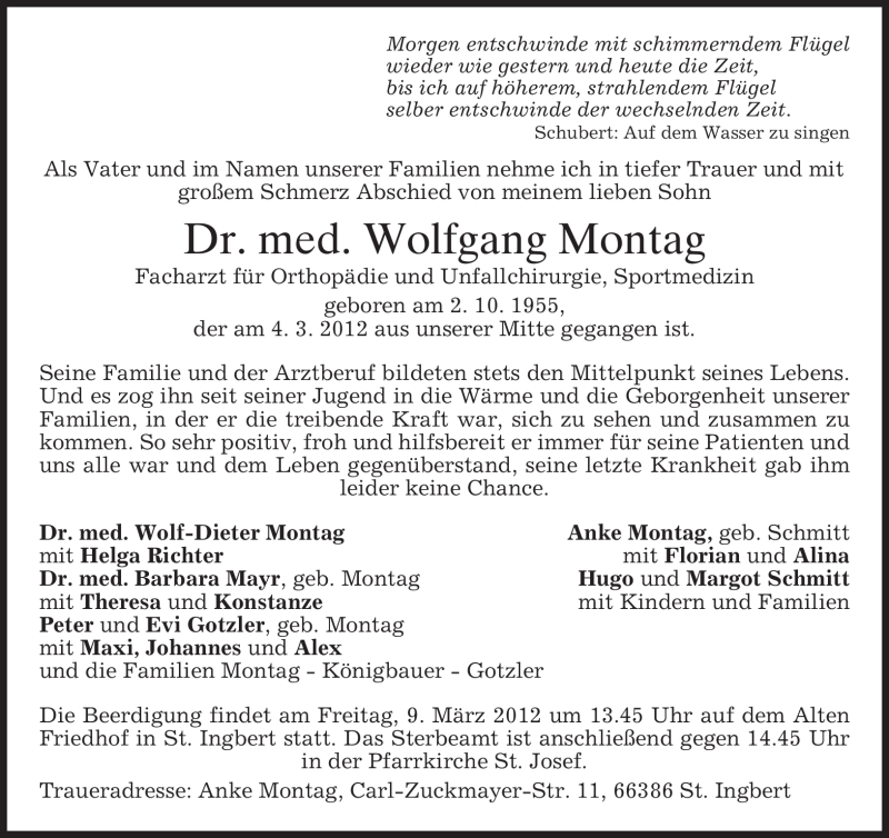  Traueranzeige für Wolfgang Montag vom 07.03.2012 aus MERKUR & TZ