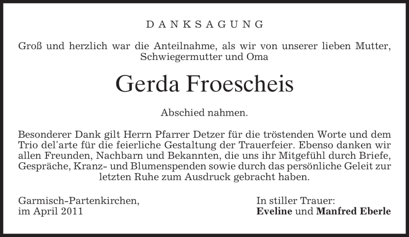  Traueranzeige für Gerda Froescheis vom 23.04.2011 aus MERKUR & TZ