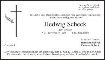 Traueranzeige von Hedwig Scheck von MERKUR & TZ