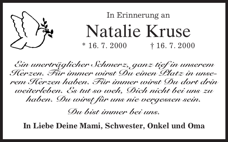  Traueranzeige für Natalie Kruse vom 16.07.2009 aus MERKUR & TZ