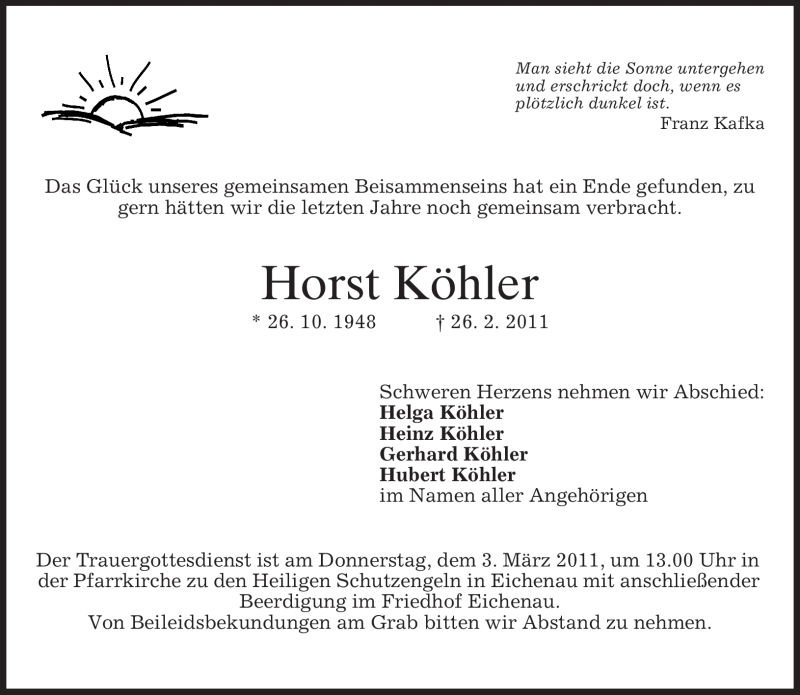  Traueranzeige für Horst Köhler vom 01.03.2011 aus MERKUR & TZ