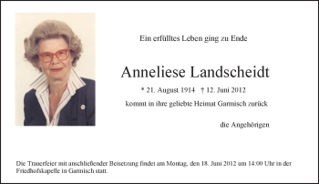 Traueranzeige von Anneliese Landscheidt von MERKUR & TZ
