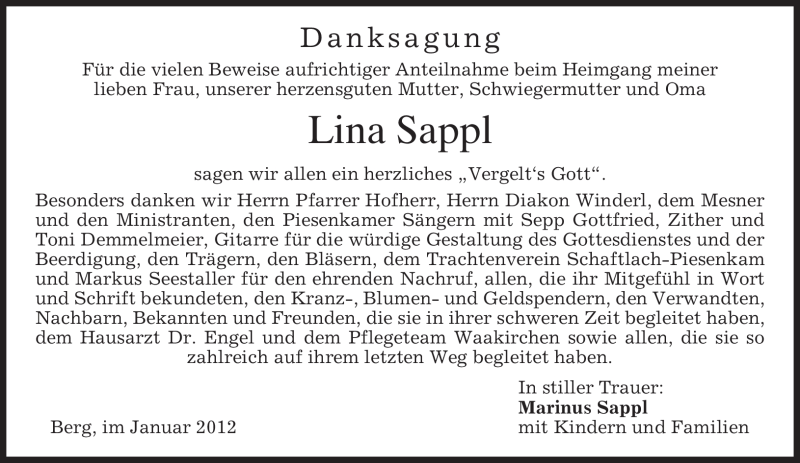  Traueranzeige für Lina Sappl vom 21.01.2012 aus MERKUR & TZ