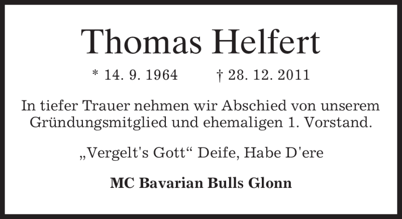  Traueranzeige für Thomas Helfert vom 30.12.2011 aus MERKUR & TZ