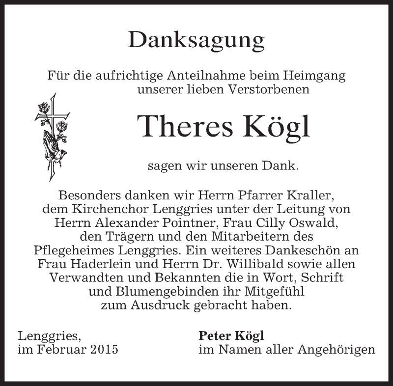  Traueranzeige für Theres Kögl vom 14.02.2015 aus merkurtz