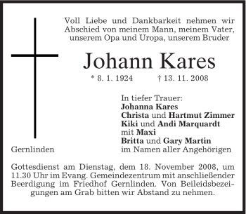 Traueranzeige von Johann Kares von MERKUR & TZ