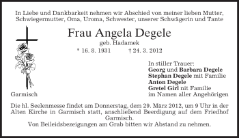 Traueranzeige von Angela Degele von MERKUR & TZ