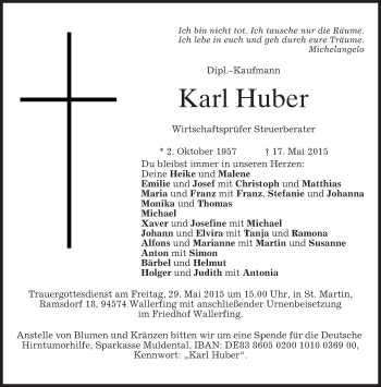 Traueranzeige von Karl Huber von merkurtz
