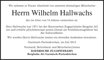 Traueranzeige von Wilhelm Hallwachs von merkurtz