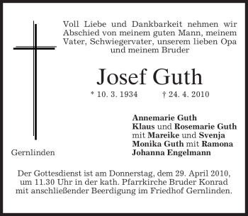 Traueranzeige von Josef Guth von MERKUR & TZ