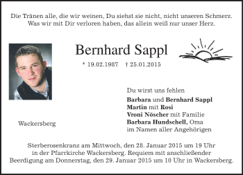 Traueranzeige von Bernhard Sappl von merkurtz