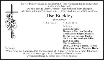 Traueranzeige von Ilse Buckley von MERKUR & TZ