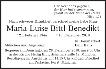 Traueranzeige von Maria-Luise Bittl-Benedikt von MERKUR & TZ