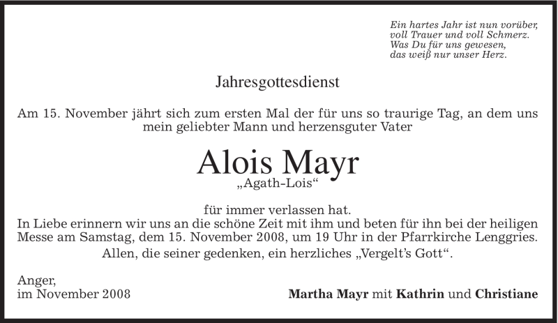  Traueranzeige für Alois Mayr vom 13.11.2008 aus MERKUR & TZ
