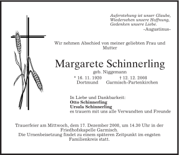 Traueranzeige von Margarete Schinnerling von MERKUR & TZ