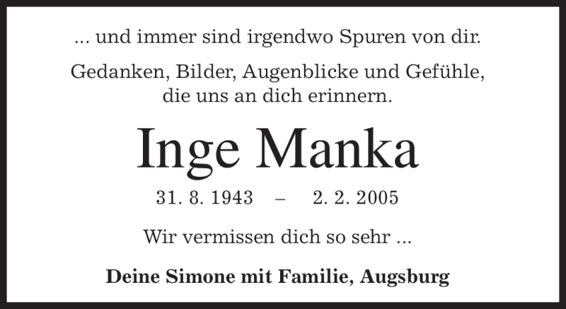  Traueranzeige für Inge Manka vom 30.01.2010 aus MERKUR & TZ