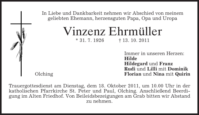  Traueranzeige für Vinzenz Ehrmüller vom 15.10.2011 aus MERKUR & TZ