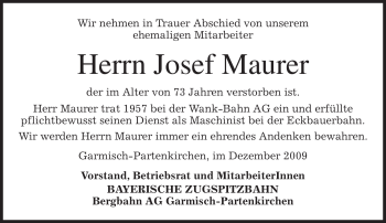 Traueranzeige von Josef Maurer von MERKUR & TZ