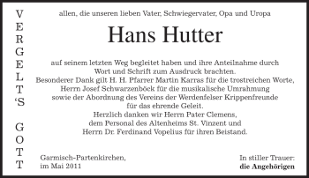 Traueranzeige von Hans Hutter von MERKUR & TZ
