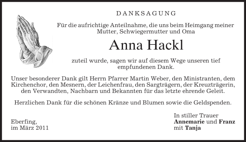  Traueranzeige für Anna Hackl vom 12.03.2011 aus MERKUR & TZ