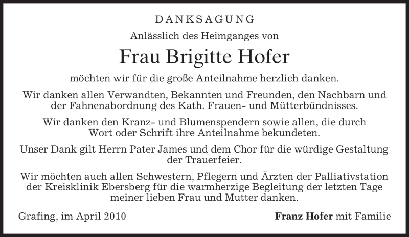 Traueranzeigen Von Brigitte Hofer | Trauer.merkur.de