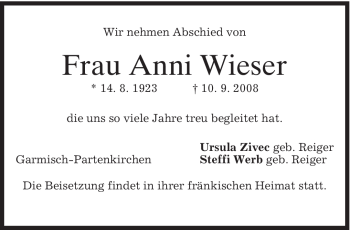 Traueranzeige von Anni Wieser von MERKUR & TZ