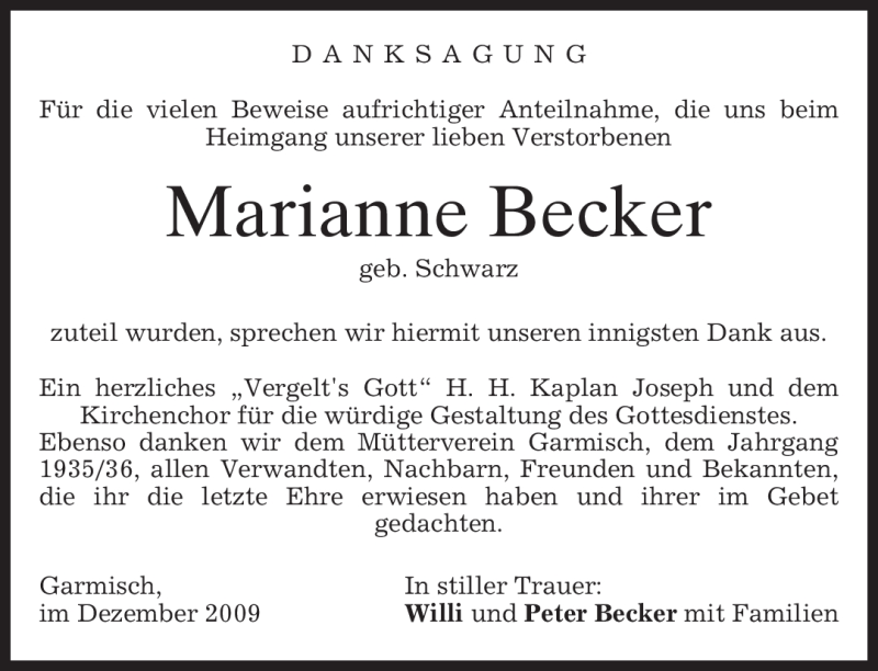  Traueranzeige für Marianne Becker vom 31.12.2009 aus MERKUR & TZ
