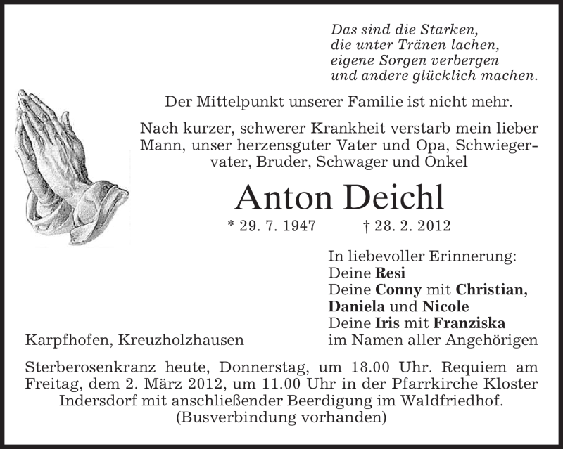  Traueranzeige für Anton Deichl vom 01.03.2012 aus MERKUR & TZ