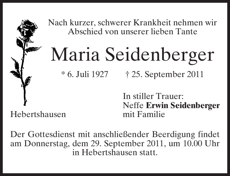  Traueranzeige für Maria Seidenberger vom 27.09.2011 aus MERKUR & TZ