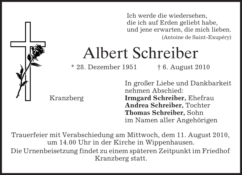  Traueranzeige für Albert Schreiber vom 10.08.2010 aus MERKUR & TZ