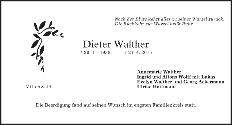  Traueranzeige für Dieter Walther vom 25.04.2015 aus merkurtz