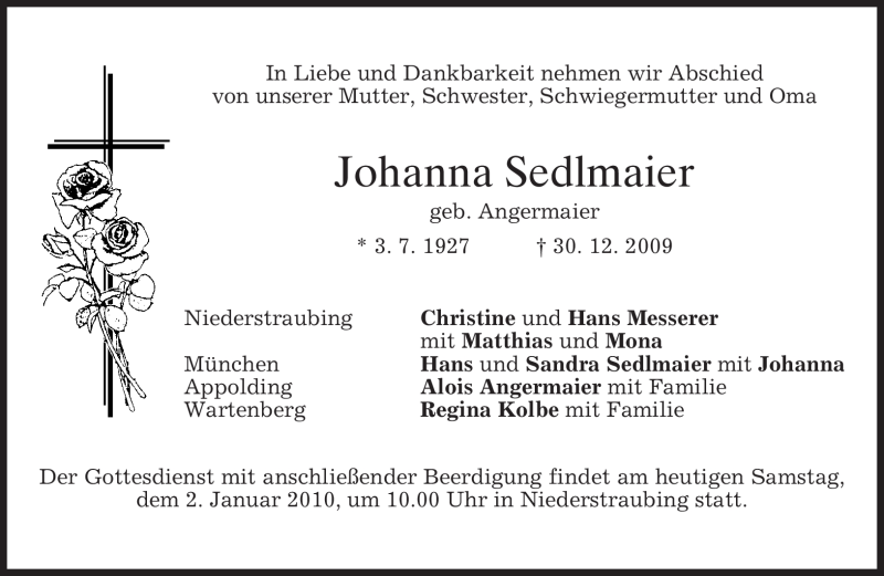  Traueranzeige für Johanna Sedlmaier vom 02.01.2010 aus MERKUR & TZ