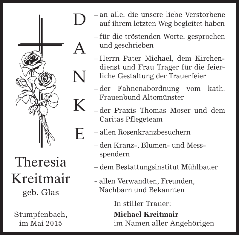  Traueranzeige für Theresia Kreitmair vom 23.05.2015 aus merkurtz