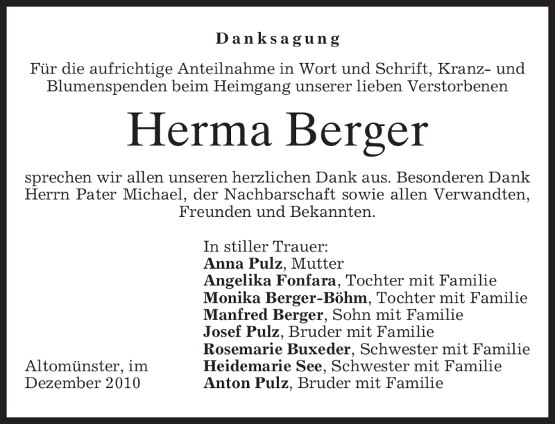 Traueranzeige für Herma Berger vom 18.12.2010 aus MERKUR & TZ