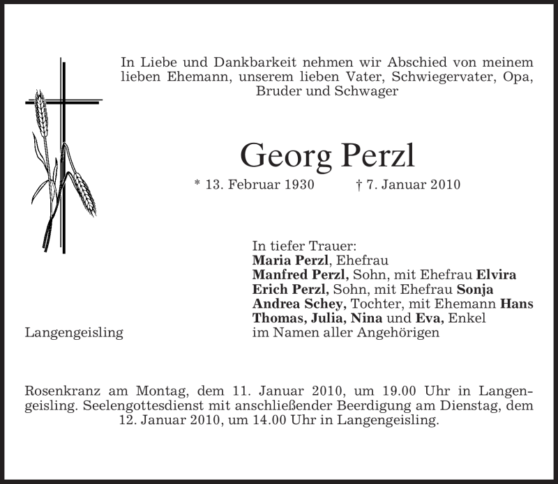  Traueranzeige für Georg Perzl vom 09.01.2010 aus MERKUR & TZ