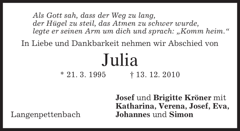  Traueranzeige für Julia Unbekannt vom 15.12.2010 aus MERKUR & TZ