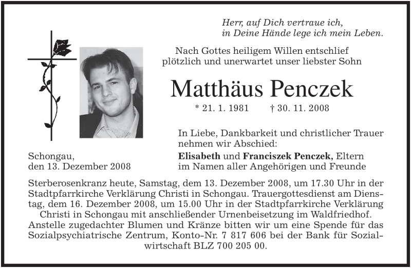  Traueranzeige für Matthäus Penczek vom 13.12.2008 aus MERKUR & TZ