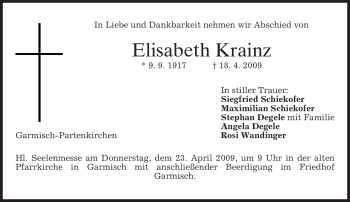 Traueranzeige von Elisabeth Krainz von MERKUR & TZ