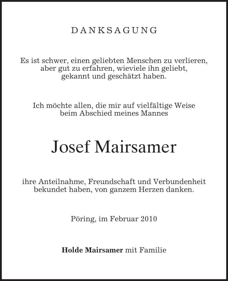  Traueranzeige für Josef Mairsamer vom 20.02.2010 aus MERKUR & TZ