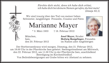 Traueranzeige von Marianne Mayer von MERKUR & TZ