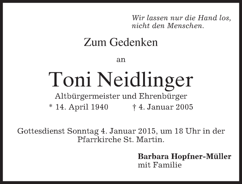  Traueranzeige für Toni Neidlinger vom 02.01.2015 aus merkurtz