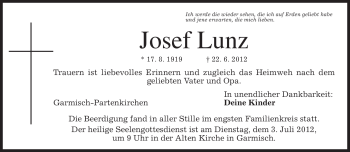 Traueranzeige von Josef Lunz von MERKUR & TZ
