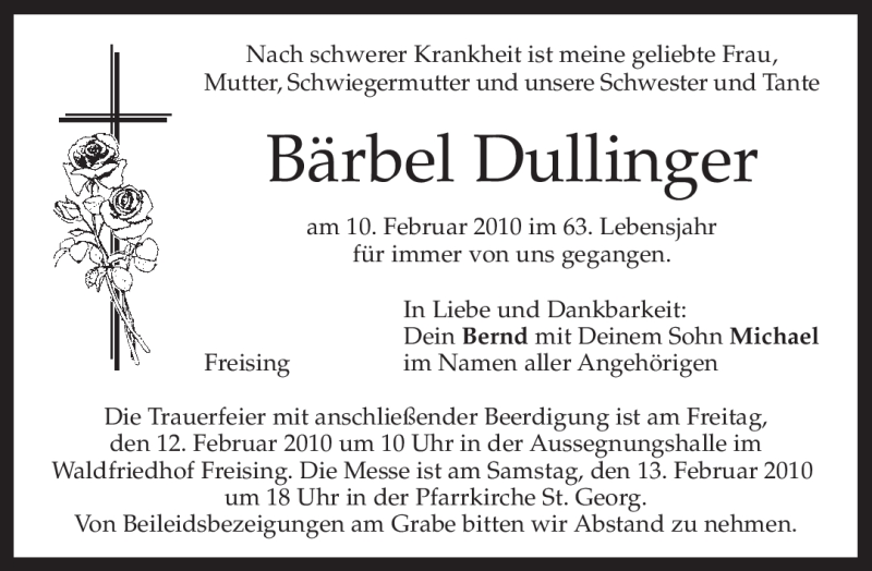 Traueranzeige für Bärbel Dullinger vom 11.02.2010 aus MERKUR & TZ