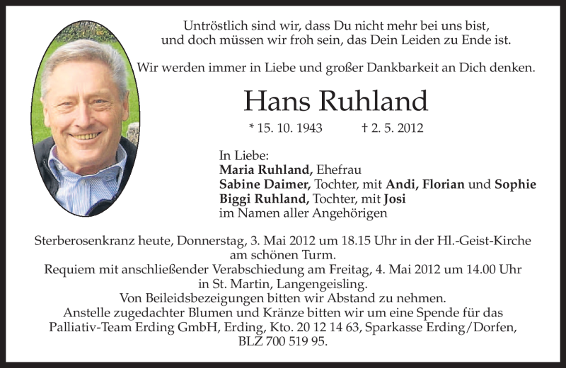  Traueranzeige für Hans Ruhland vom 03.05.2012 aus MERKUR & TZ