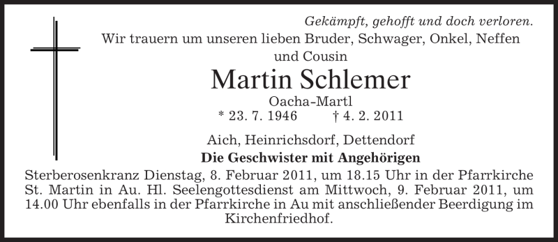 Traueranzeige für Martin Schlemer vom 07.02.2011 aus MERKUR & TZ