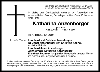 Traueranzeige von Katharina Anzenberger von MERKUR & TZ