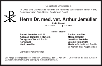 Traueranzeige von Arthur Jemüller von MERKUR & TZ