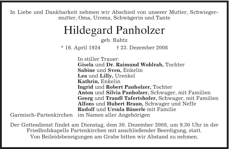  Traueranzeige für Hildegard Panholzer vom 27.12.2008 aus MERKUR & TZ