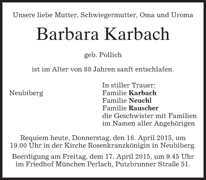  Traueranzeige für Barbara Karbach vom 16.04.2015 aus merkurtz